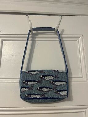 Beaded Fish Pattern Shoulder Bag - Blue